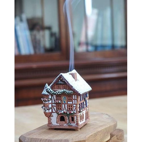 Midene Ceramic Christmas Village Houses Collection - Handmade Miniature of Historical Kaysersberg House in Germany, Winter Edition - Cone Incense Holder R264 | The European Gift Store.