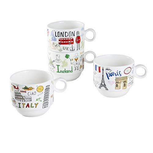 Gracie China by Coastline Imports Stackable 4-Piece Porcelain Coffee Mug Set (London, Paris, Italy, Ireland), Multicolor, Medium, 35770-INTL-101TBD