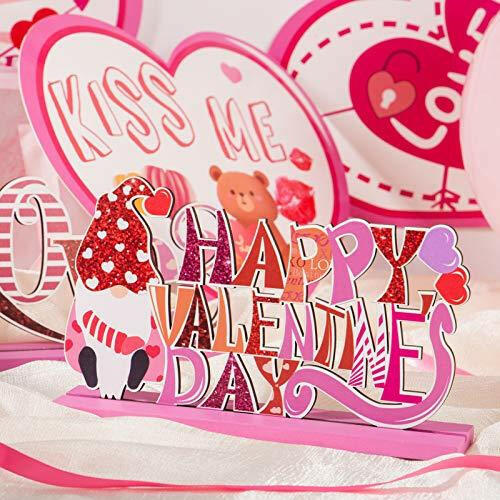 Happy Valentine's Day Decorations, 4 Pcs Wooden Gnomes Kiss Me Signs, Be Mine Tabletop Centerpiece Signs with Pink Hearts for Valentine's Day Gifts Mantle Shelf Table Home Decors - The European Gift Store
