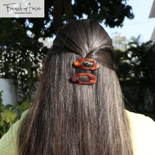 French Amie Oval Small 2 1/4” Celluloid Acetate Side Slide In Strong Hold Hair Clip Barrettes with Tige Boule Clasp for Girls and Women, Made in France