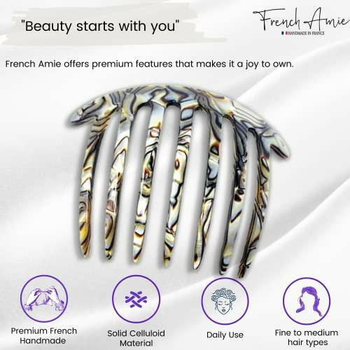 French Amie 7 Teeth Handmade Celluloid Side Hair Comb Flexible Durable Hair Combs Strong Hold Hair Clips for Women No Slip Styling Girls Paris Hair Accessories, Made in France (Silver Onyx Gray) - The European Gift Store