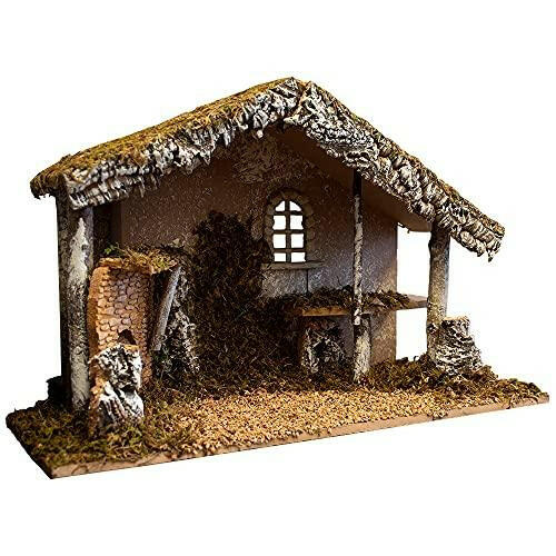 Nativity Creche Stable | 12" Tall and 19" Wide |  Realistic Moss Hay Wood and Fabric | Made in Italy (Haystack and Fireplace)