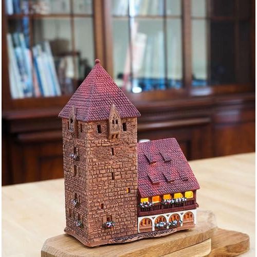 Midene Ceramic Christmas Village Houses Collection - Collectible Handmade Miniature of Historic Schuldturm Tower in Nurnberg, Germany - Tea Light Candle Holder, Essential Oil Burner C346AR*