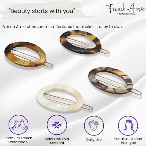 French Amie Oval Hoop Small 1 1/4” Celluloid Handmade Hair Clips for Women Tige Boule Clasp Side Slide-in Barrette Clip Fashion Durable Styling Hair Accessories for Girl Strong Hold No Slip Grip - The European Gift Store