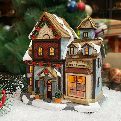 Christmas Village Building, Bed and Breakfast with LED Lights - Battery Operated (not Included) (8.5" H x 8.3" W x 5.5" D) - The European Gift Store