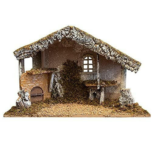 Nativity Creche Stable | 12" Tall and 19" Wide | Realistic Moss Hay Wood and Fabric | Made in Italy (Haystack and Fireplace) - The European Gift Store