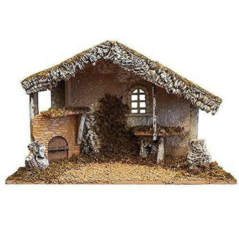 Nativity Creche Stable | 12" Tall and 19" Wide |  Realistic Moss Hay Wood and Fabric | Made in Italy (Haystack and Fireplace)