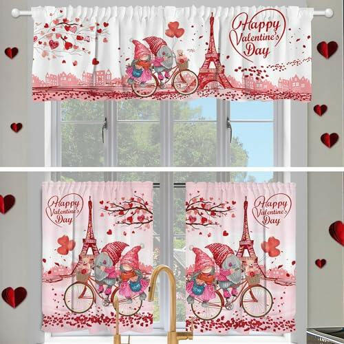 Valentines Kitchen Curtains 3 Piece Set, Valentines Day Gnomes - The European Gift Store