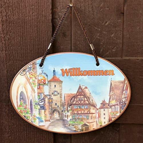 "Willkommen" with Artwork of a European Village German Welcome 11x8" Ceramic Door Sign by E.H.G. - The European Gift Store