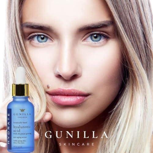 GUNILLA Hyaluronic Acid & Ginseng Serum: Vegan. Plant-Based Anti-Aging Serum, Plumping, Firming & Hydrating, Reduce the Appearance of Wrinkles. 14 Actives & Herbals. Natural. Oil-Free. 1 oz - The European Gift Store