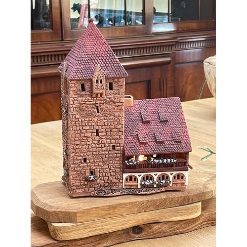 Midene Ceramic Christmas Village Houses Collection - Collectible Handmade Miniature of Historic Schuldturm Tower in Nurnberg, Germany - Tea Light Candle Holder, Essential Oil Burner C346AR*