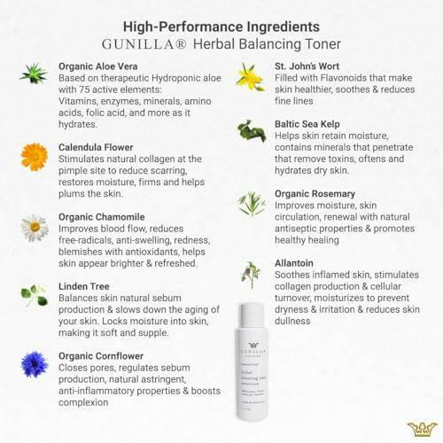 Gunilla Herbal pH Balancing Toner - Vegan. Soothing, Plant-Based, Antioxidant-Rich, Anti-Aging, Hydrating, Helps Soften, Firm, Cleanse Impurities & Tighten Pores. Natural. Made in USA- 4 oz - The European Gift Store