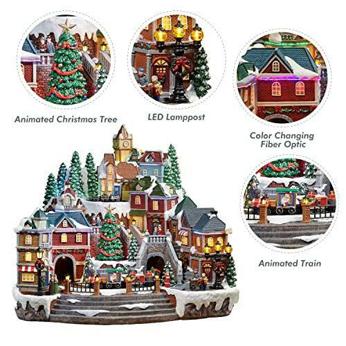 Christmas Village Centerpiece Decor, Tiered Village Town Center, with Rotating Train and Village Buildings, featuring LED Lights, Christmas Music, and Animation - Power Adapter (included)