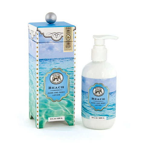 Michel Design Works Hand and Body Lotion 8oz, Beach Scent and Design, Shea Butter and Aloe Vera Blend, Beautiful Container with Pump.