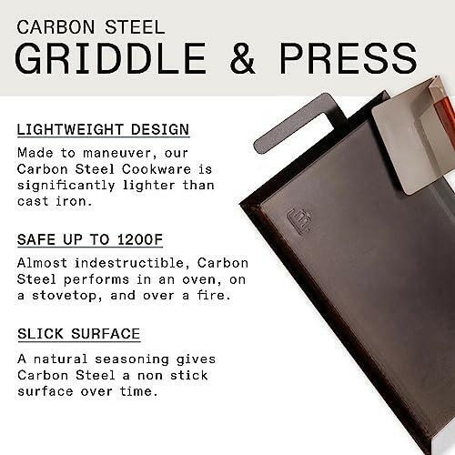 Carbon Steel Griddle + Grill Press - (Like Cast Iron, but Better) - Professional Cookware - Made in Sweden - Induction Compatible - The European Gift Store
