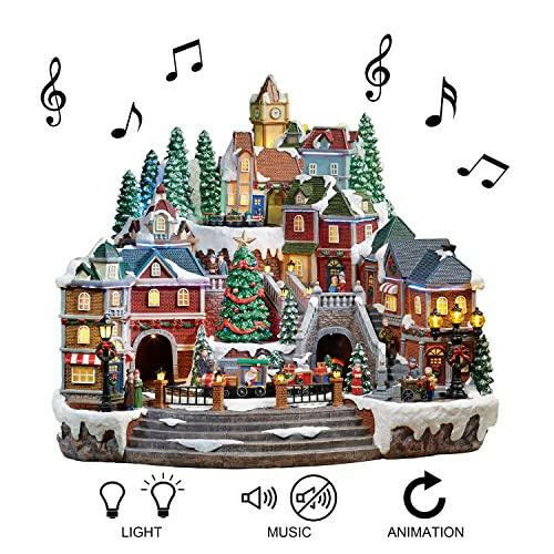 Christmas Village Centerpiece Decor, Tiered Village Town Center, with Rotating Train and Village Buildings, featuring LED Lights, Christmas Music, and Animation - Power Adapter (included) - The European Gift Store
