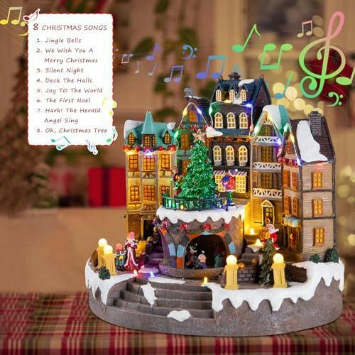 Christmas Village Collectible Building - Church House with Rotating Christmas Tree Lighted Musical Village