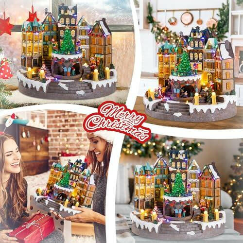 Christmas Village Collectible Building - Church House with Rotating Christmas Tree Lighted Musical Village
