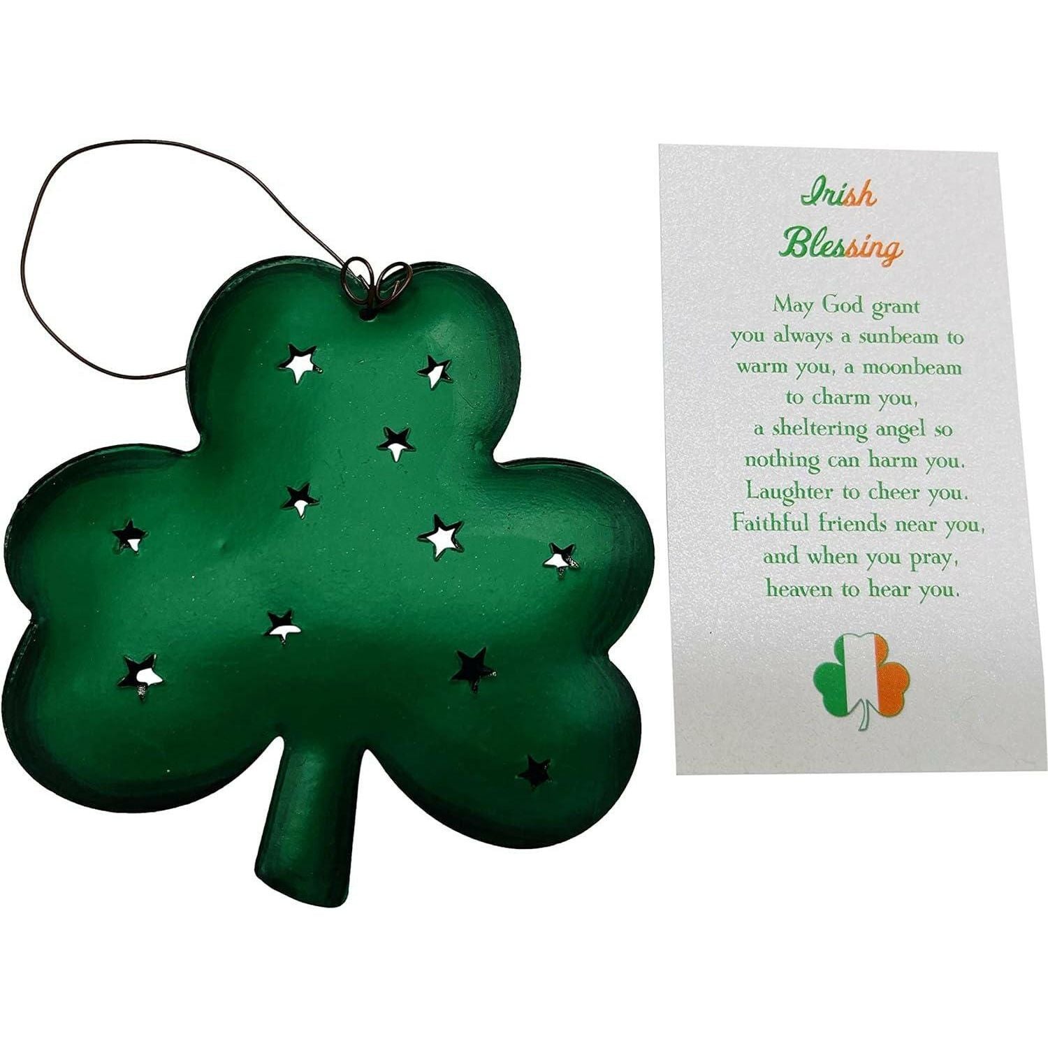 Shamrock Ornament Hanging Tin Metal Irish Blessing Decoration Set with Story Card Pack for Saint Patricks Day or Christmas