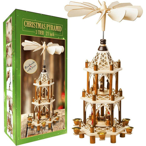 German Christmas Decoration Pyramid - 21 Inches - Wood Nativity Scene Set - Under The Christmas Tree and Table Top Holiday Decor - Nativity Play 3 Tiers Carousel with 6 Candle Holders - German Design - The European Gift Store