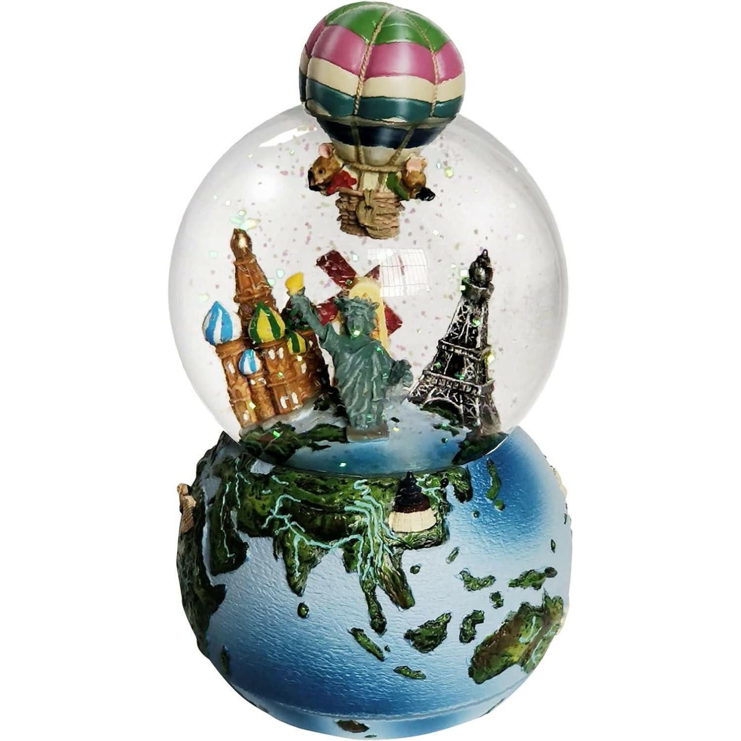 Snow Globe with Music 3D Hot Air Balloon Around The World Travel Rotating Christmas Music Box - The European Gift Store