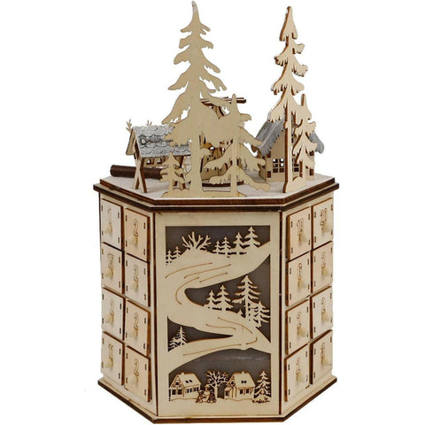 LED Revolving Music Box Advent Calendar Decorated with Christmas Tree Reindeer House LED Lights, Lighted Wooden Carved 24 Day Countdown to Christmas Calendar, 24 Storage Drawers