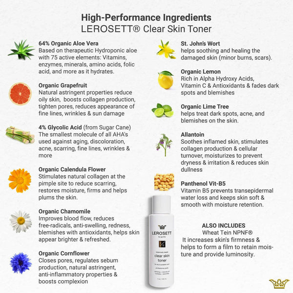 LEROSETT Clear Skin Toner - Aloe Vera Based Toner with Glycolic Acid & 10 Calming Botanicals Helps Reduce Irritation, Future Blemishes, Blackheads, and Tightens Pores - Natural - Vegan - 4 oz - The European Gift Store