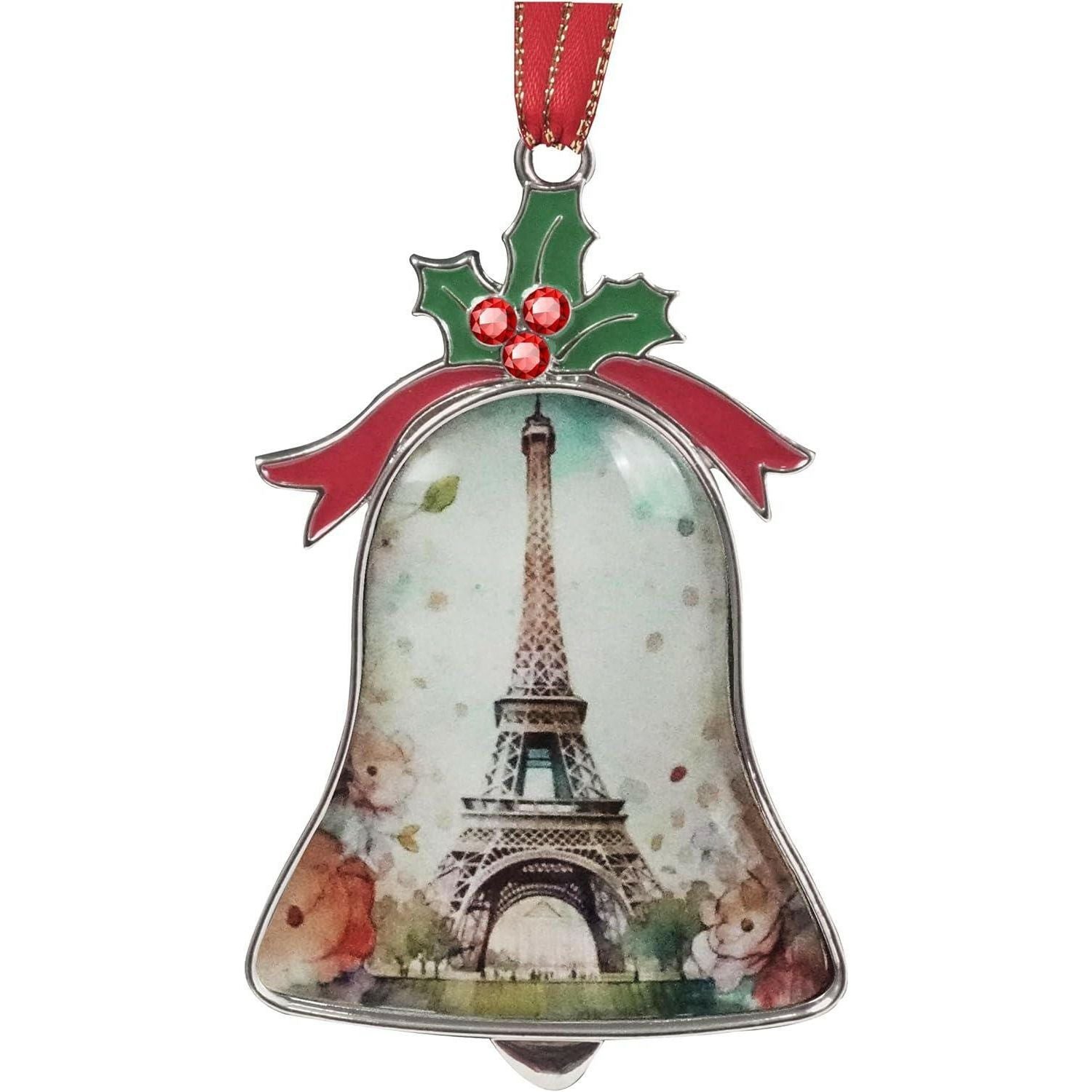 Vintage Paris Eiffel Tower on Christmas Bell Ornament Pendant Decoration Metal Hanging Christmas Ornaments for Home Decoration Holidays Decor