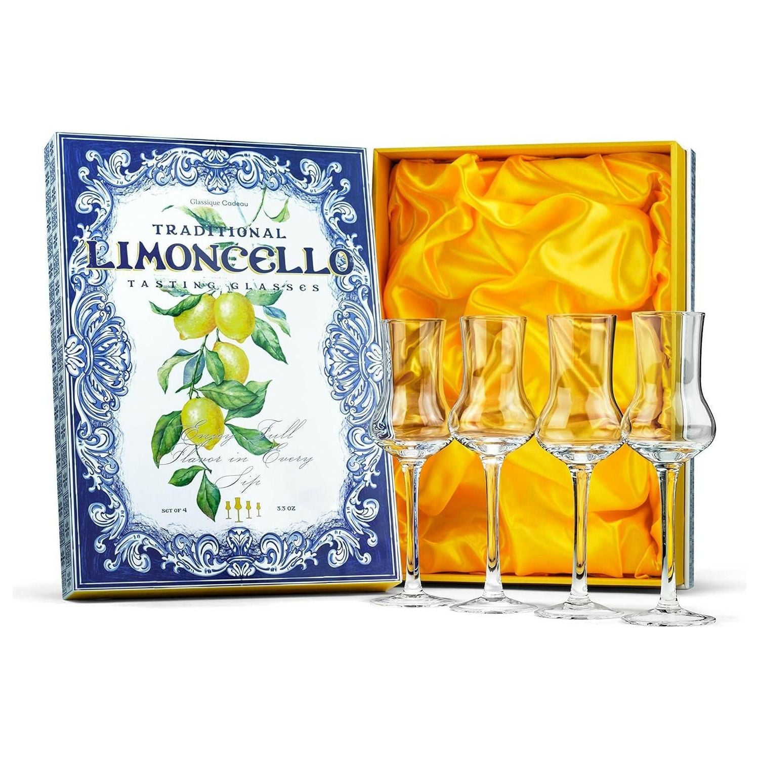 Glassique Cadeau Crystal Limoncello Cordial Glasses | Set of 4 | Tall 3.3 oz Long Stemmed Spirit Glassware for Sipping Aromatic Liquor, After Dinner