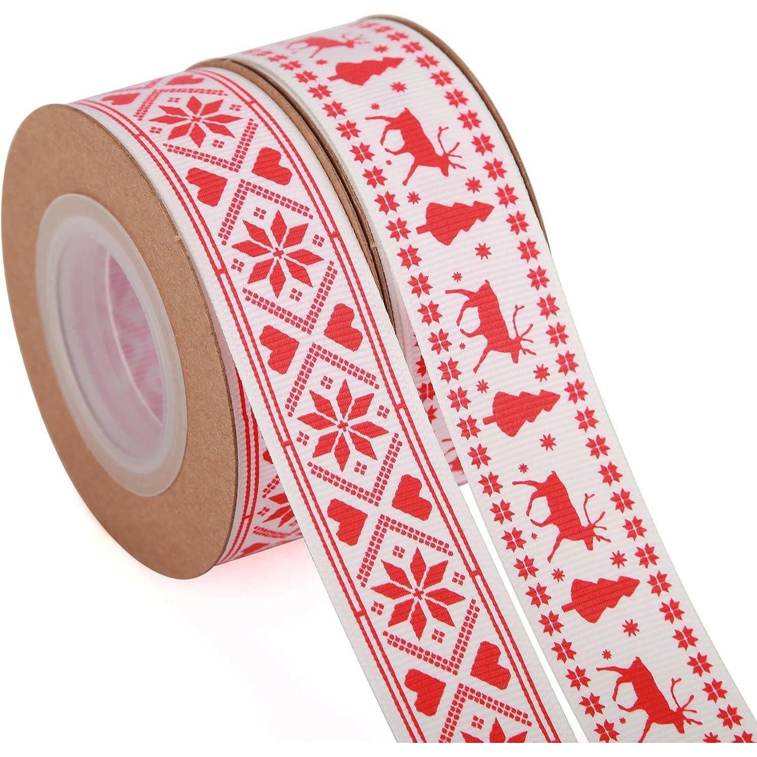 Scandinavian Christmas Ribbon Total 20 Yards 1 Inch Wide Red and White Nordic Trim Scandi Reindeer and Snowflake Ribbon