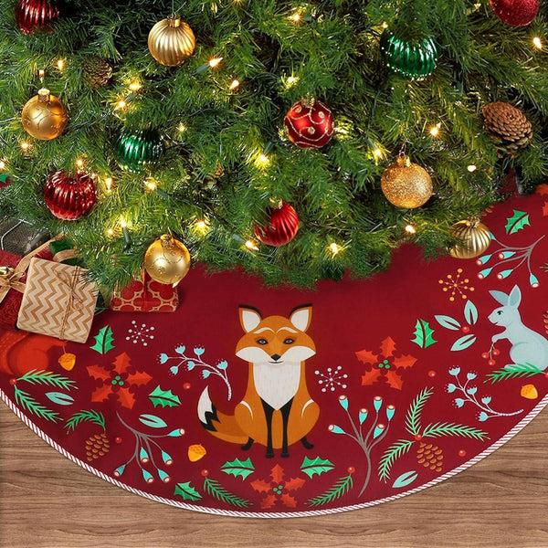 Woodland Wreath Christmas Tree Skirt 48" Forest Animals Xmas Tree Skirt Decor Mats for Farmhouse Rustic Xmas Holiday Indoor Party Outdoor Decorations (Burgundy, 48 Inch) - The European Gift Store