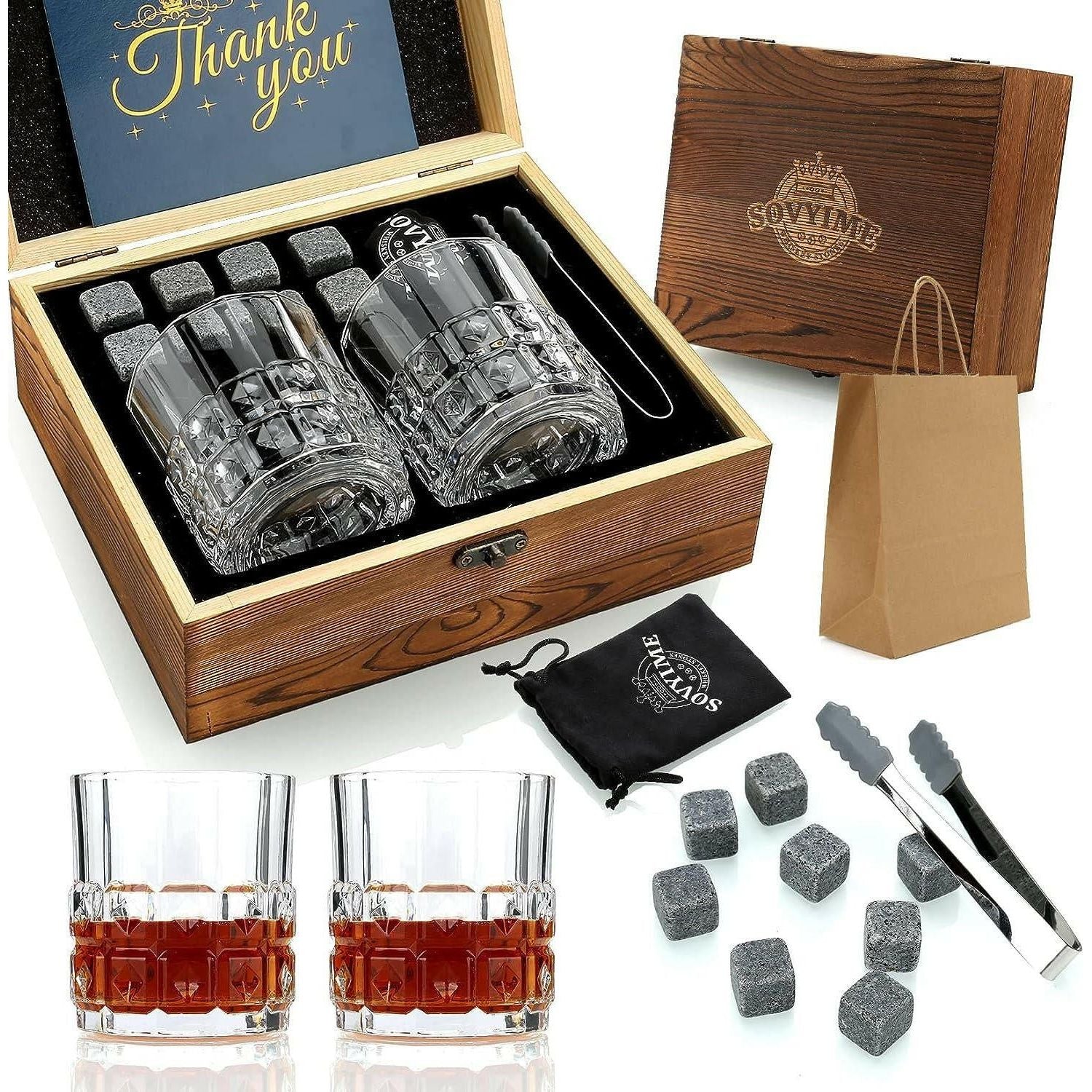 Whiskey Stones Gifts for Men, Groomsmen Gifts, Granite Chilling Stones Bourbon Whiskey Glasses Set, Unique Birthday Gifts for Men Christmas Father's Day Valentine Retirement - The European Gift Store