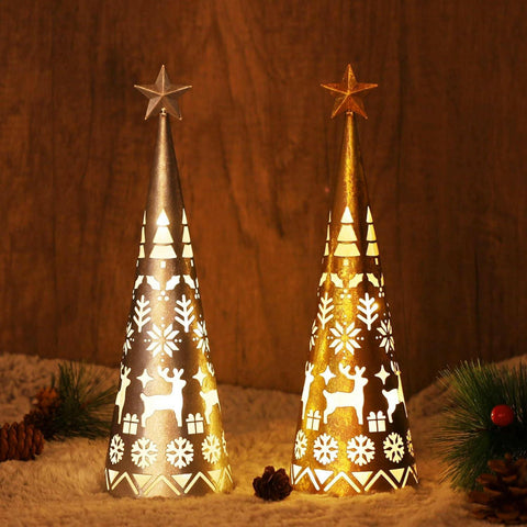 11.6 Inch Lighted Christmas Table Decorations with Star, Cone Shaped 10 LED Lights Battery Operated, Indoor Xmas Holiday Wedding Party Tabletop Desk Ornament, 2 Pack (Gold, Silver)