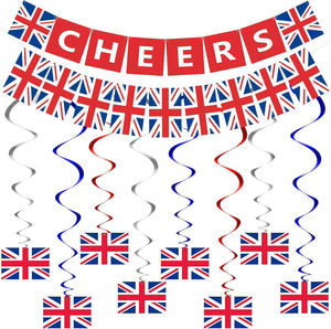 14 Pieces British Party Garland British Flag Hanging Garland Decor Include Cheers British Bunting Banner UK Flag Pennant Banner and British Flag Hanging Swirl UK Flag Foil Hanging Swirls - The European Gift Store