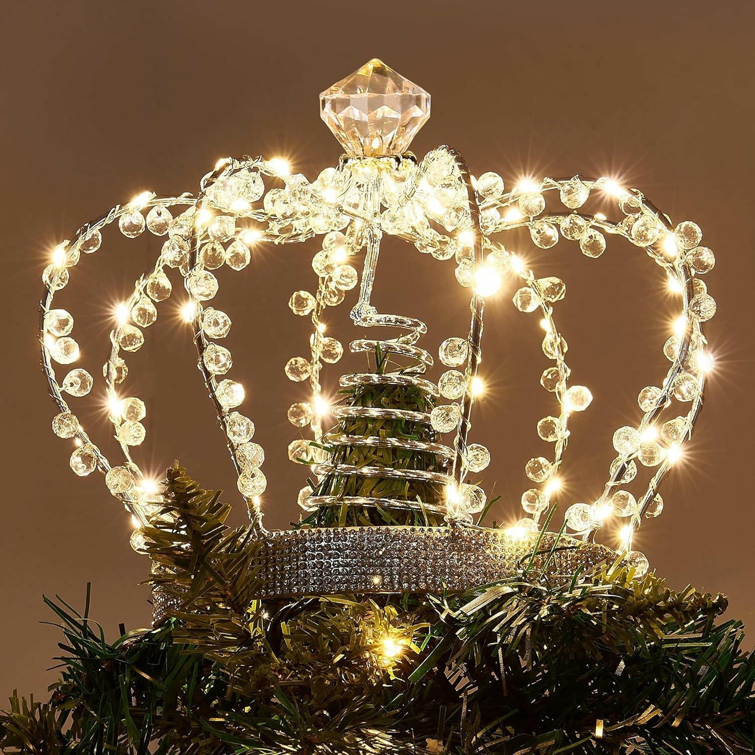 Christmas Jeweled Crown Tree Topper, Light up Tree Topper with 60 Warm White Lights, Large Christmas Topper Unique with Multifunction Controller, Metal Xmas Topper Decorations for Tree, Plug in - The European Gift Store