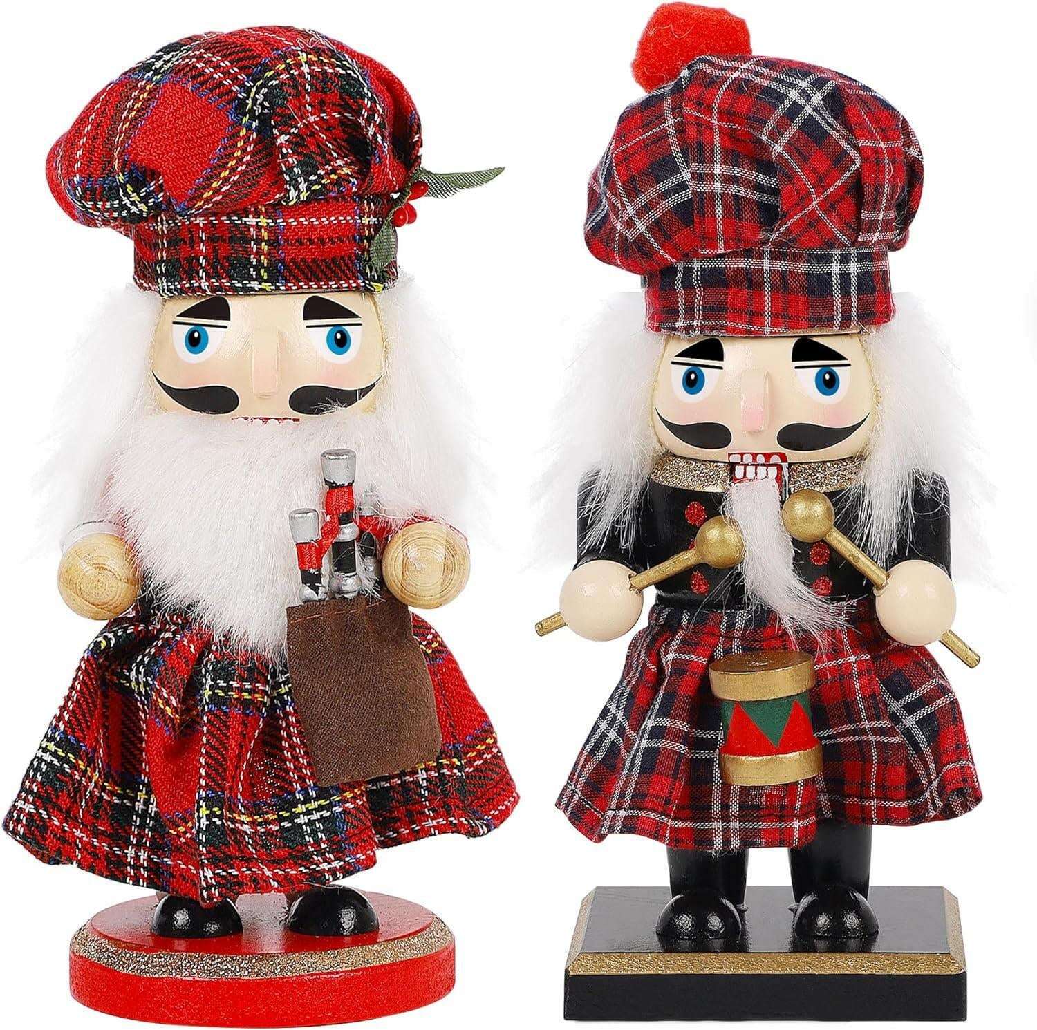 Set of 2 Christmas Nutcracker Figures, 7.9 Inch Wooden Nutcracker Drummer and Bagpiper Ornaments, Large Nutcrackers - The European Gift Store